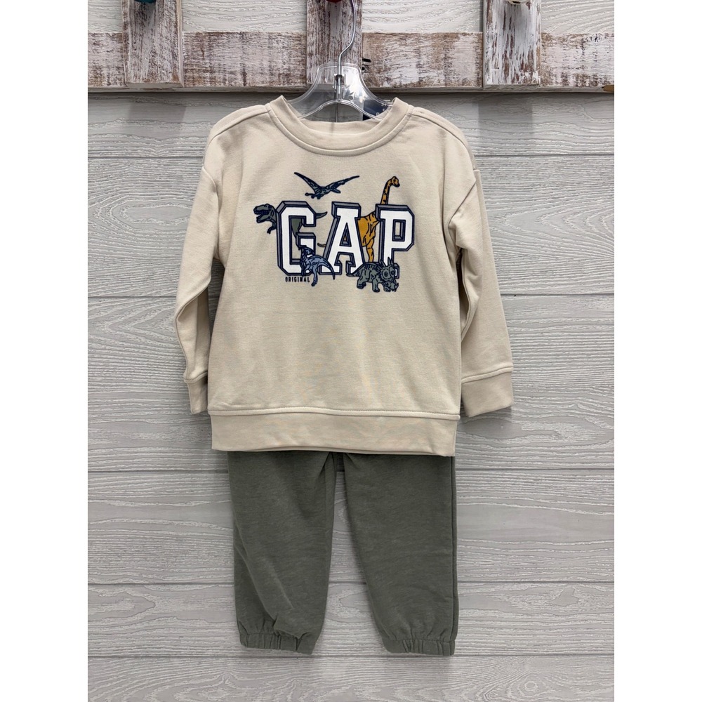 Gap Kids Boys 2 Piece Dinosaur Sweatshirt Jogger Pant Set 4T Cream Olive NEW